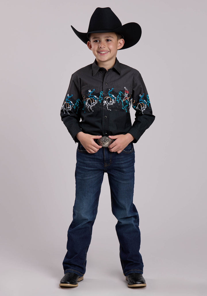 BOYS LONG SLEEVE SNAP PAINTERLY RODEO BORDER SCENIC PRINT WESTERN SHIRT