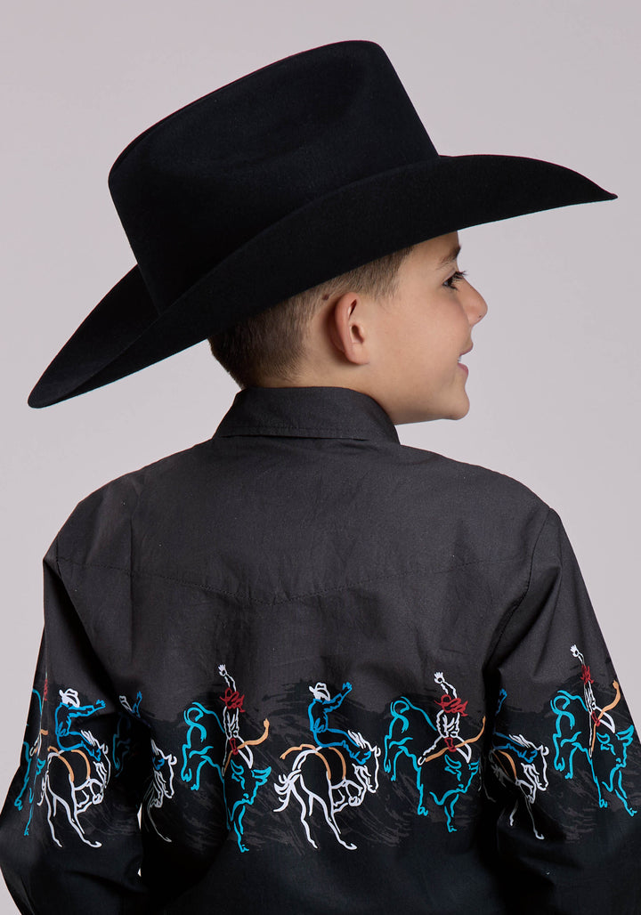 BOYS LONG SLEEVE SNAP PAINTERLY RODEO BORDER SCENIC PRINT WESTERN SHIRT