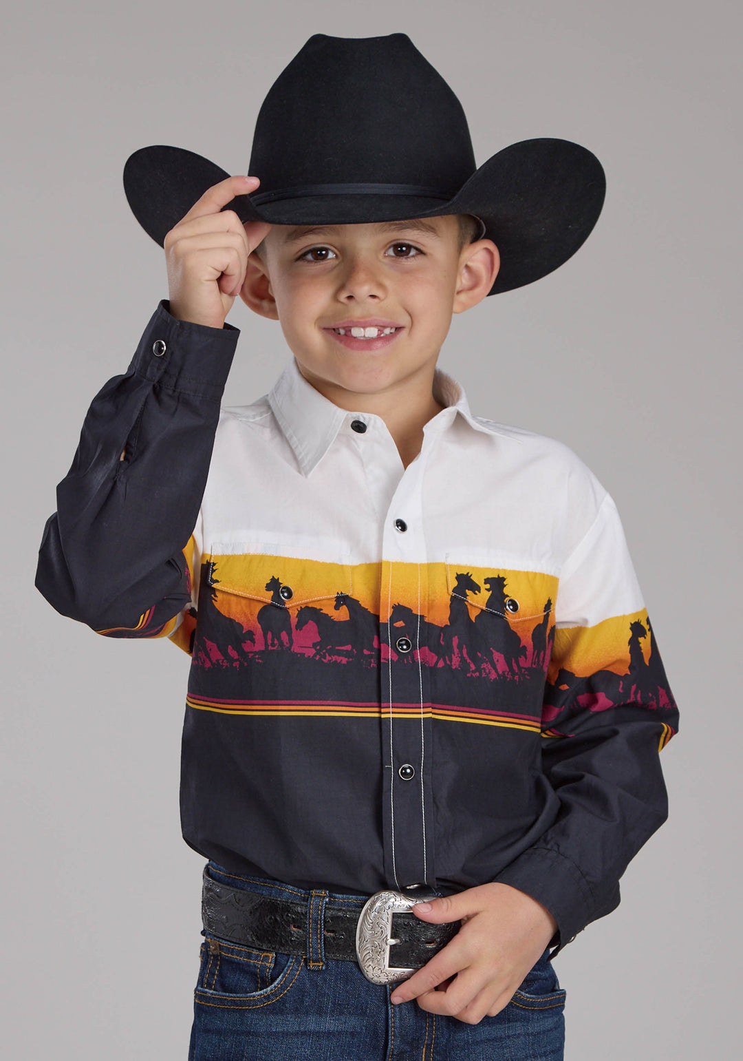 BOYS SUNSET HORSE BORDER PRINT LONG SLEEVE SNAP WESTERN SHIRT