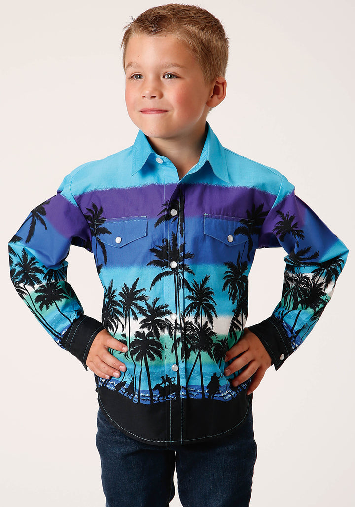 BOYS LONG SLEEVE SNAP BEACH ROUNDUP BORDER WESTERN SHIRT