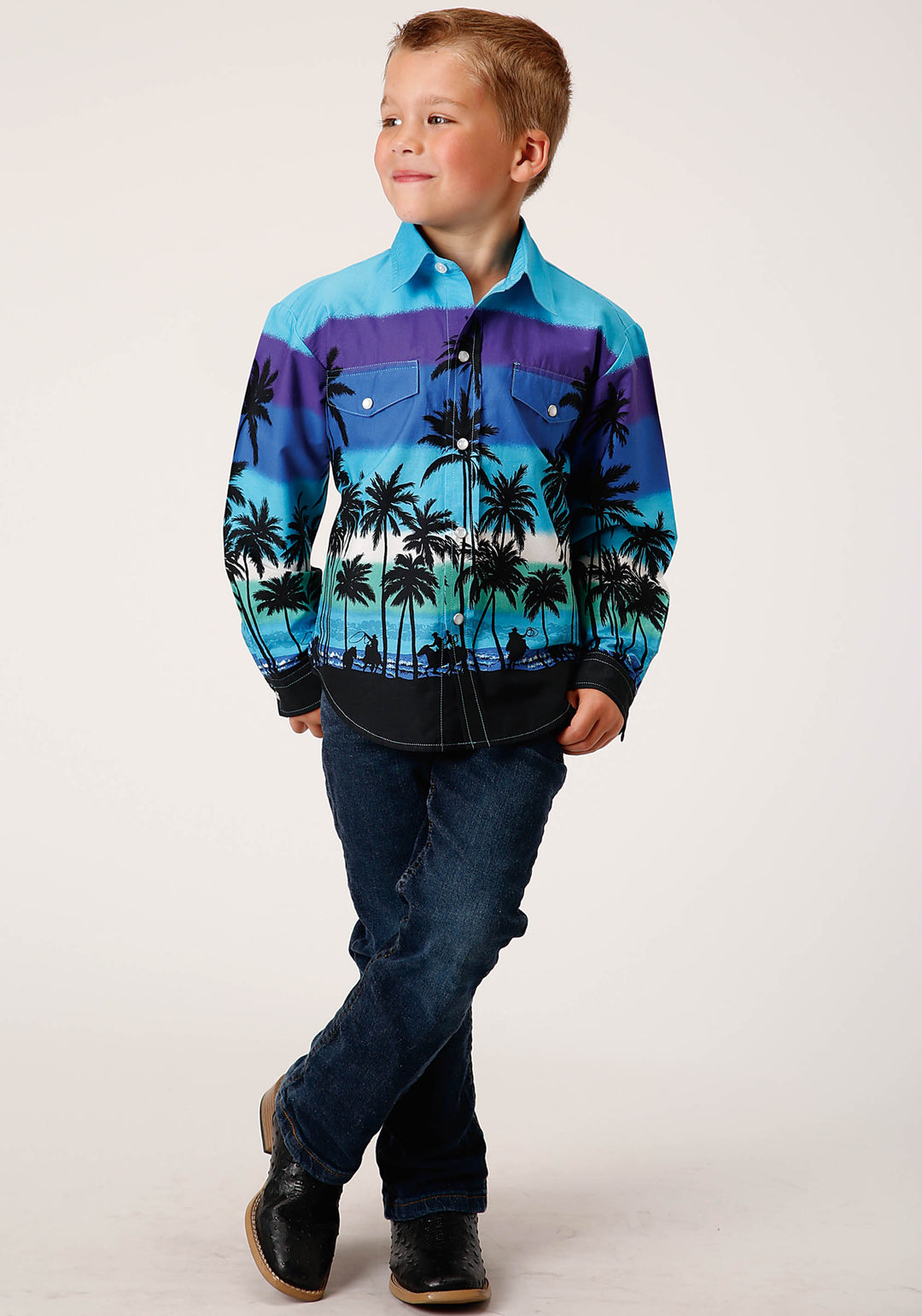 BOYS LONG SLEEVE SNAP BEACH ROUNDUP BORDER WESTERN SHIRT