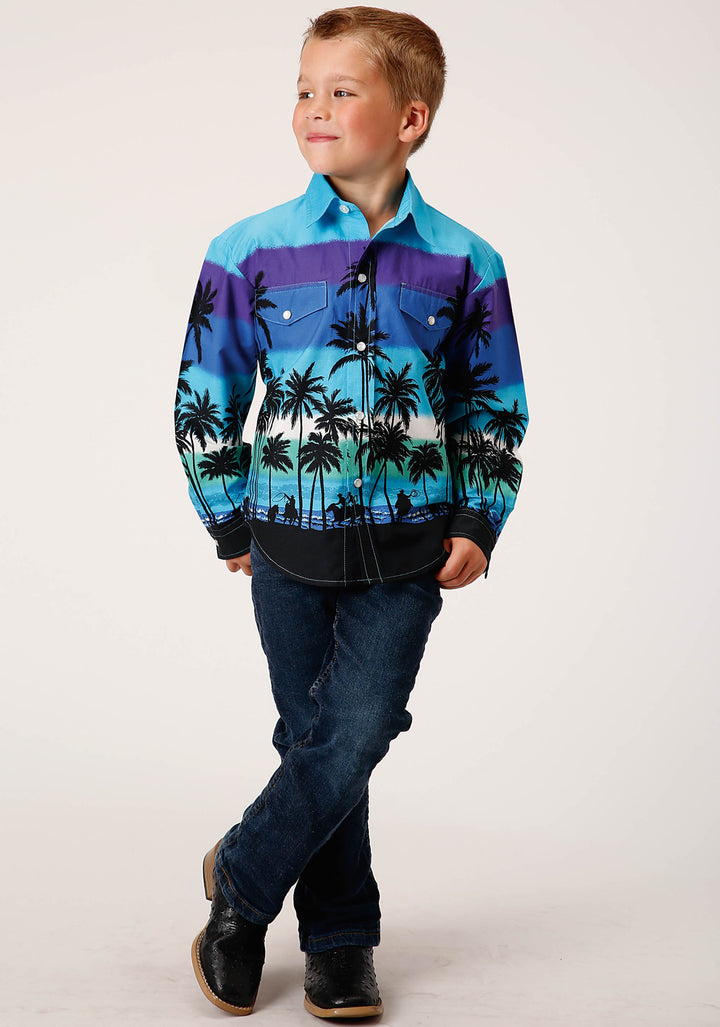 BOYS LONG SLEEVE SNAP BEACH ROUNDUP BORDER WESTERN SHIRT