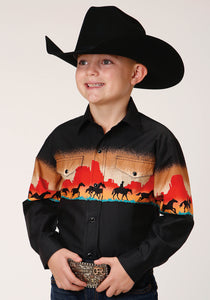 BOYS LONG SLEEVE SNAP RED MESA BORDER  SCENIC WESTERN SHIRT