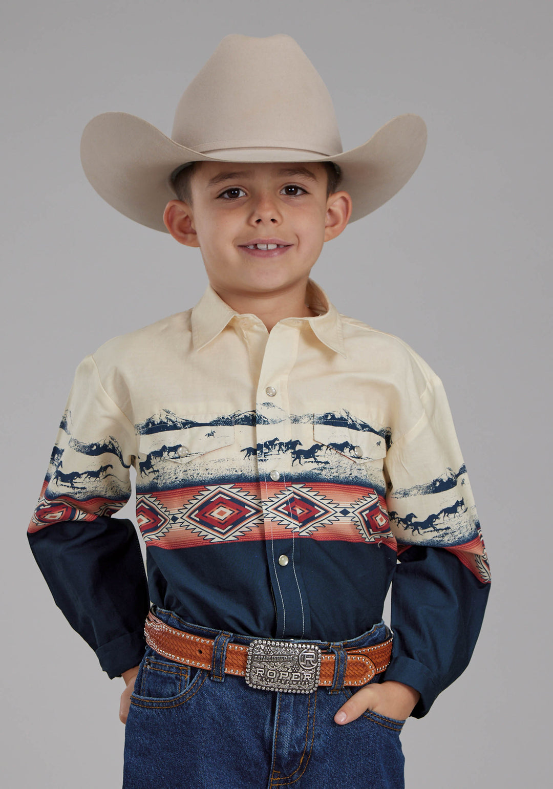 BOYS OPEN RANGE BORDER SCENIC LONG SLEEVE SNAP WESTERN SHIRT