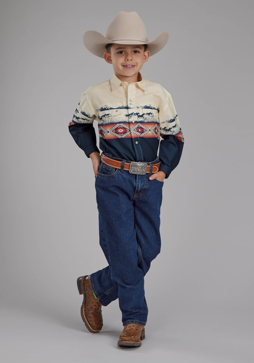 BOYS OPEN RANGE BORDER SCENIC LONG SLEEVE SNAP WESTERN SHIRT