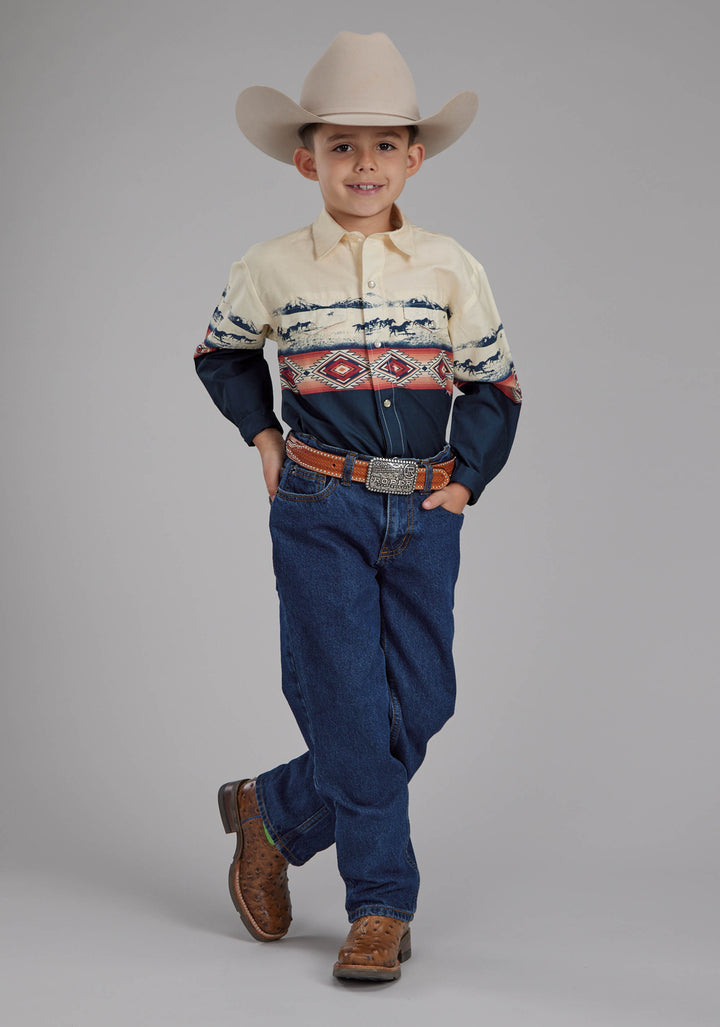BOYS OPEN RANGE BORDER SCENIC LONG SLEEVE SNAP WESTERN SHIRT