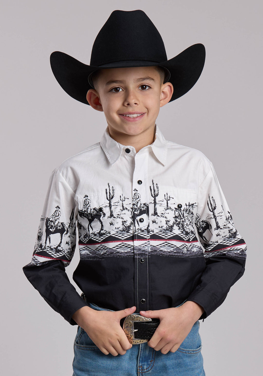 BOYS ROPER CACTUS SCENE BORDER WESTERN SNAP SHIRT