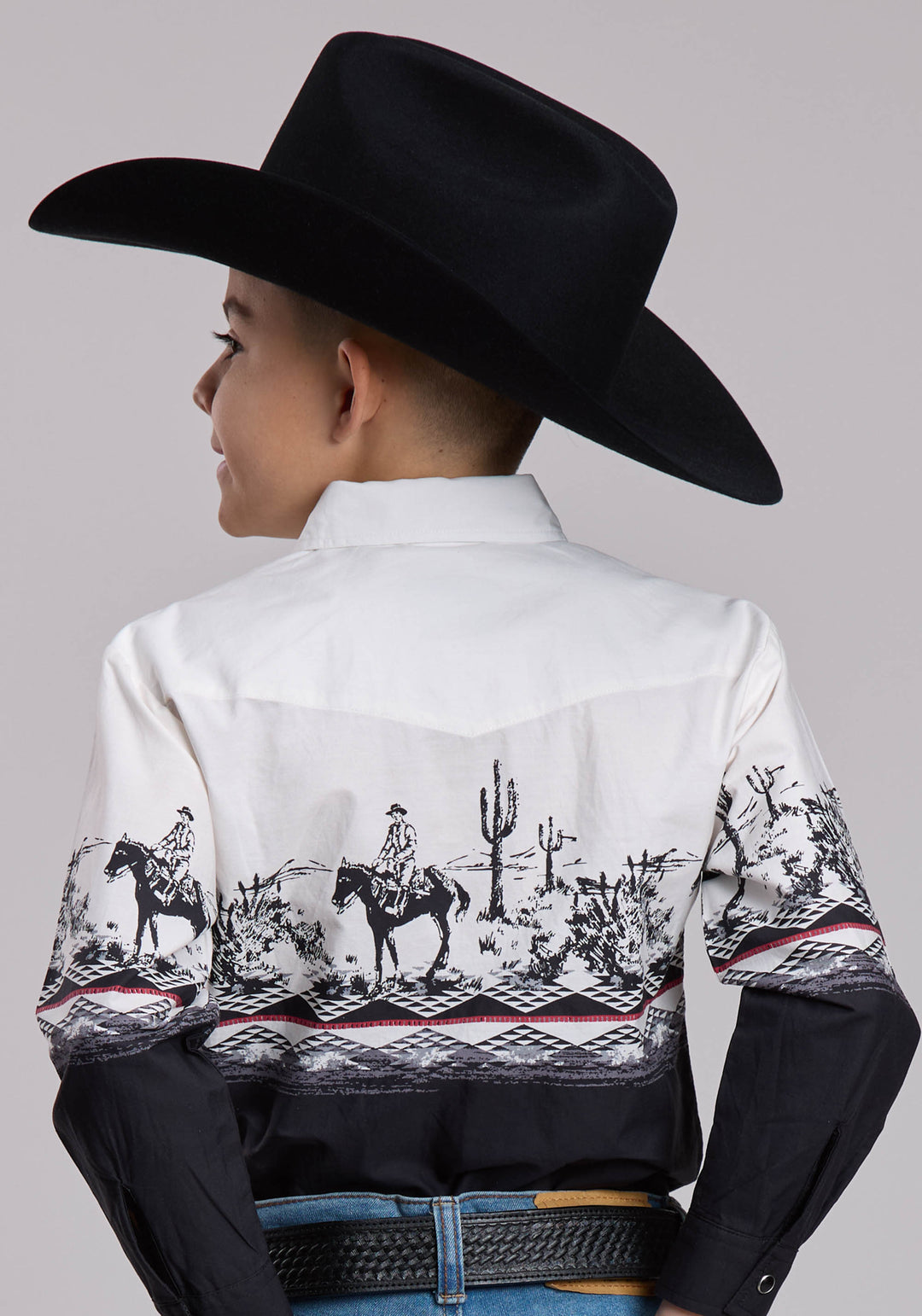 BOYS ROPER CACTUS SCENE BORDER WESTERN SNAP SHIRT
