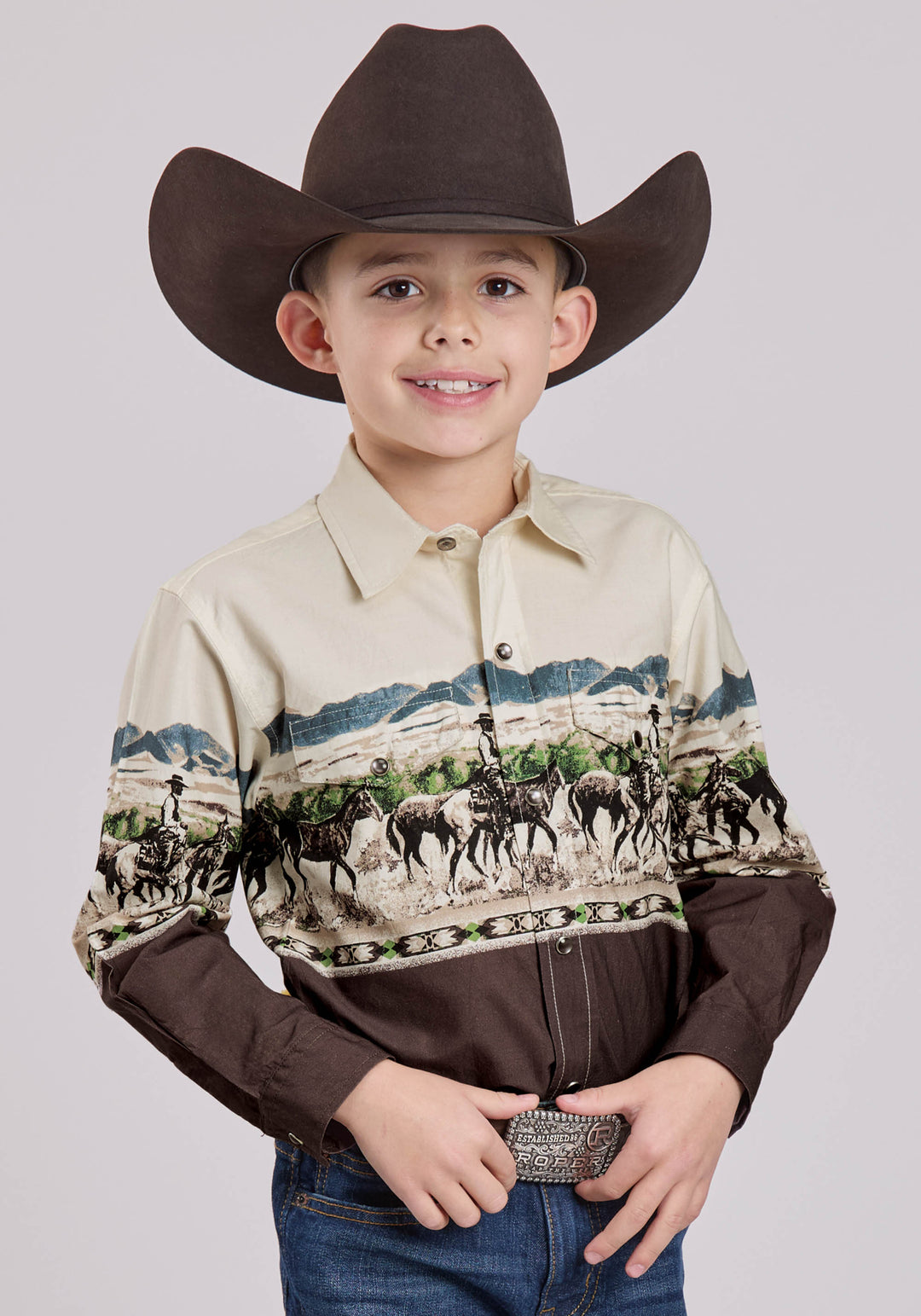 BOYS LONG SLEEVE SNAP COUNTRY TRAILS SCENIC BORDER WESTERN SHIRT