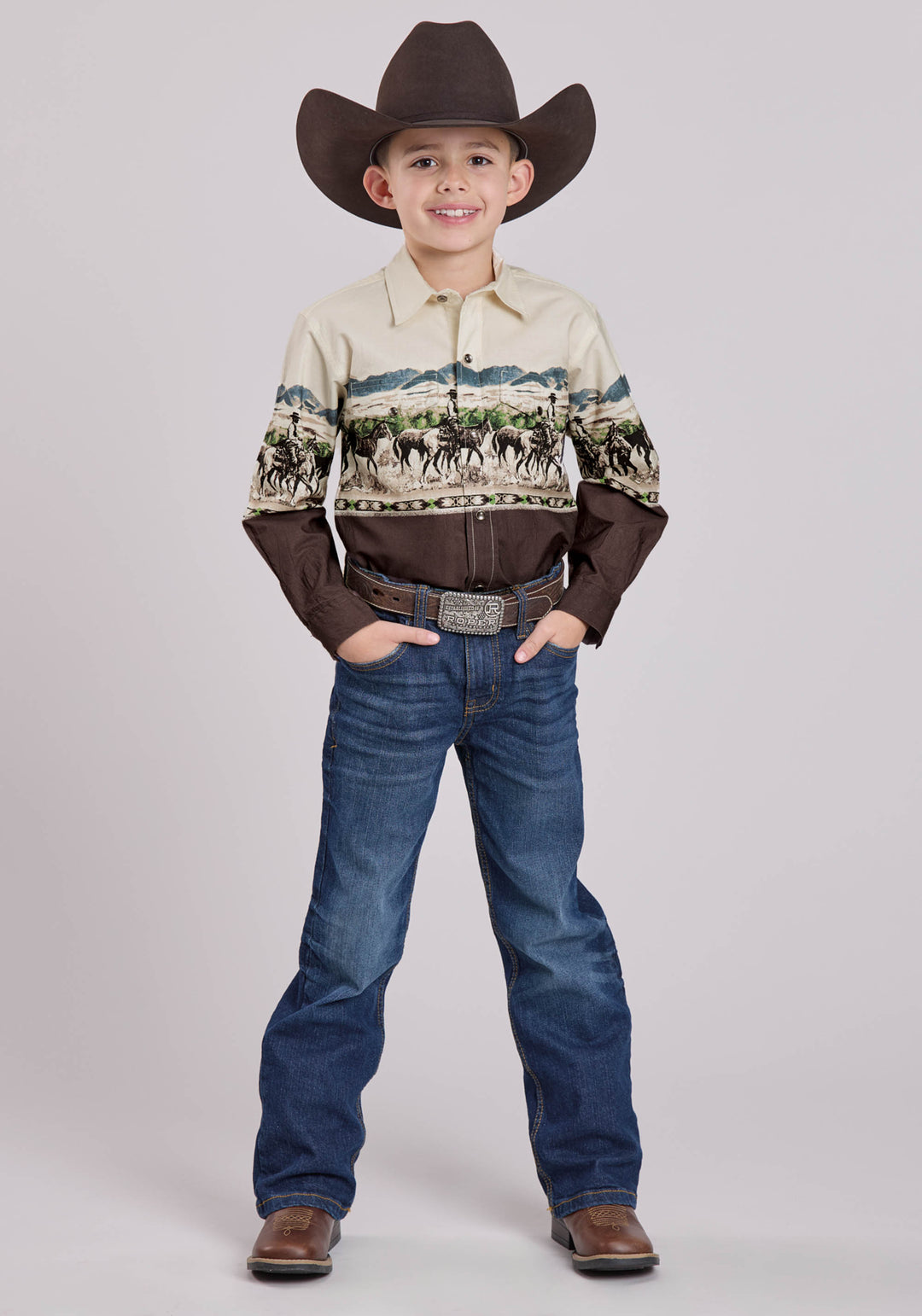 BOYS LONG SLEEVE SNAP COUNTRY TRAILS SCENIC BORDER WESTERN SHIRT