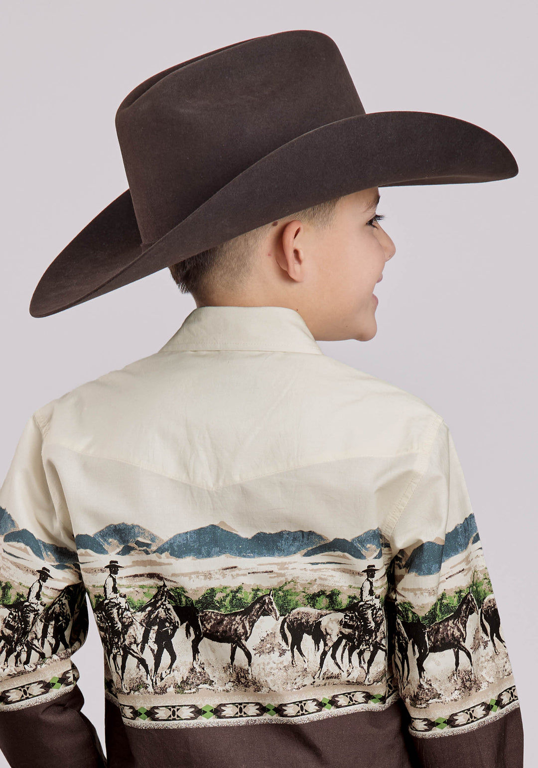 BOYS LONG SLEEVE SNAP COUNTRY TRAILS SCENIC BORDER WESTERN SHIRT