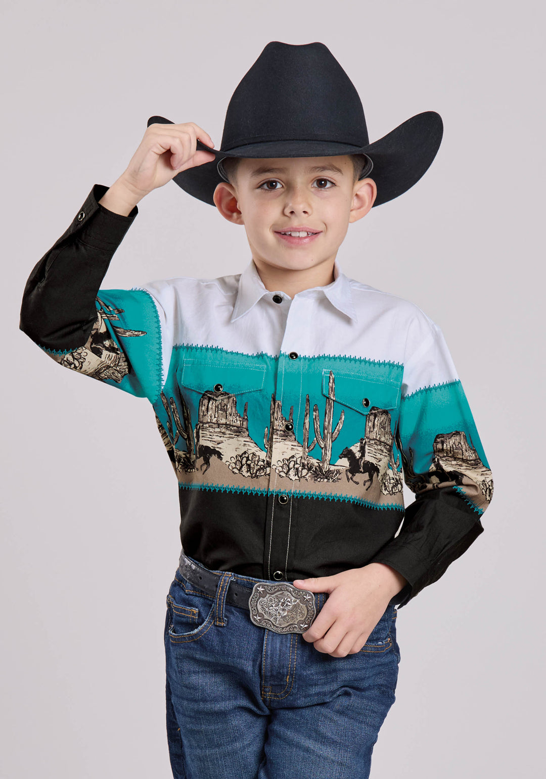 BOYS LONG SLEEVE SNAP SCENIC BORDER WESTERN SHIRT
