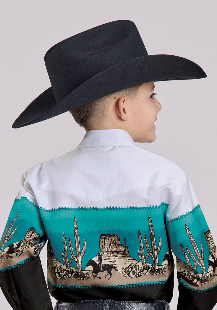 BOYS LONG SLEEVE SNAP SCENIC BORDER WESTERN SHIRT