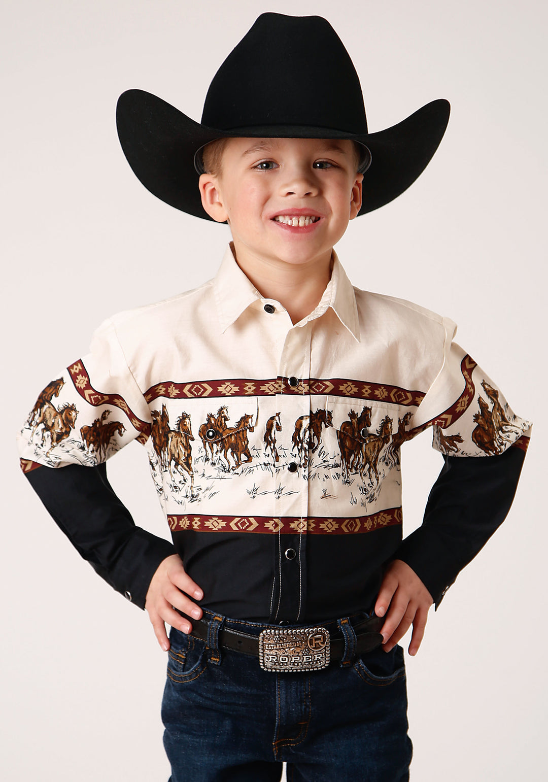 BOYS LONG SLEEVE SNAP RUNNING HORSE BORDER PRINT WESTERN SHIRT