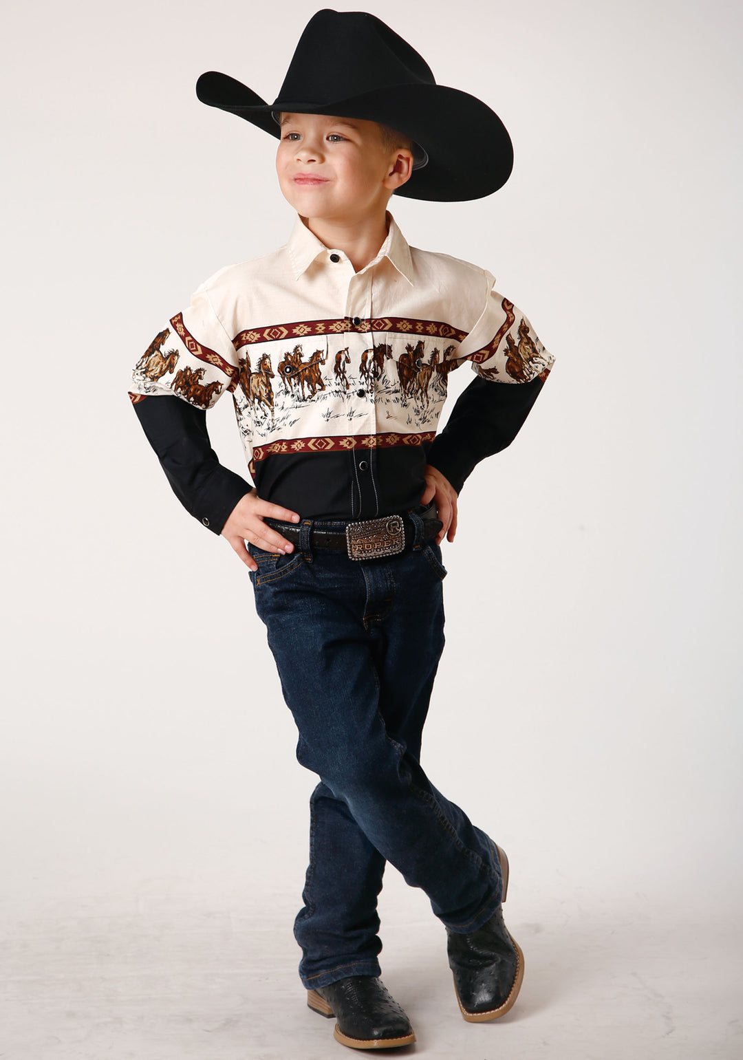 BOYS LONG SLEEVE SNAP RUNNING HORSE BORDER PRINT WESTERN SHIRT