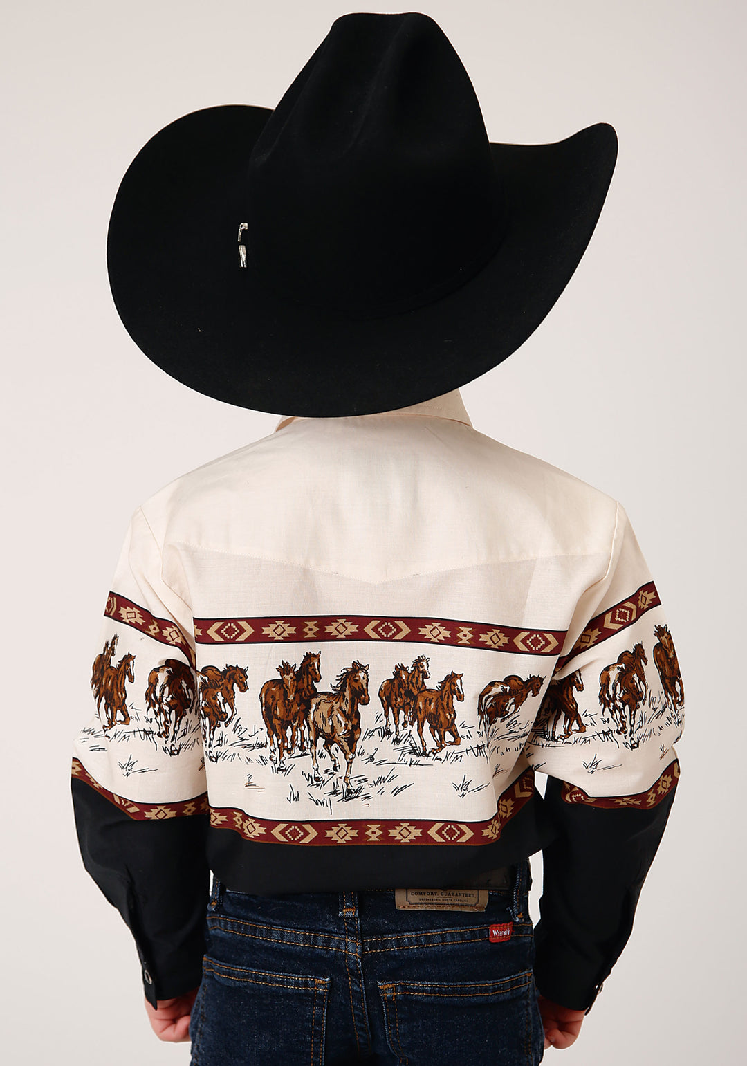 BOYS LONG SLEEVE SNAP RUNNING HORSE BORDER PRINT WESTERN SHIRT