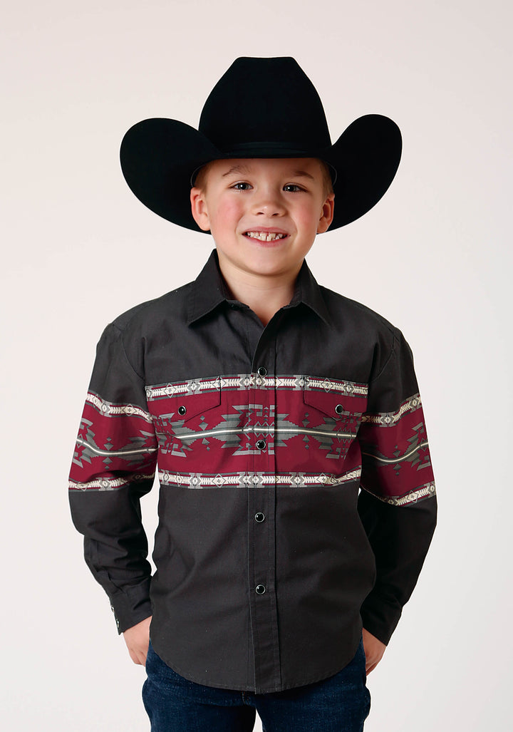 BOYS LONG SLEEVE SNAP AZTEC BORDER WESTERN SHIRT