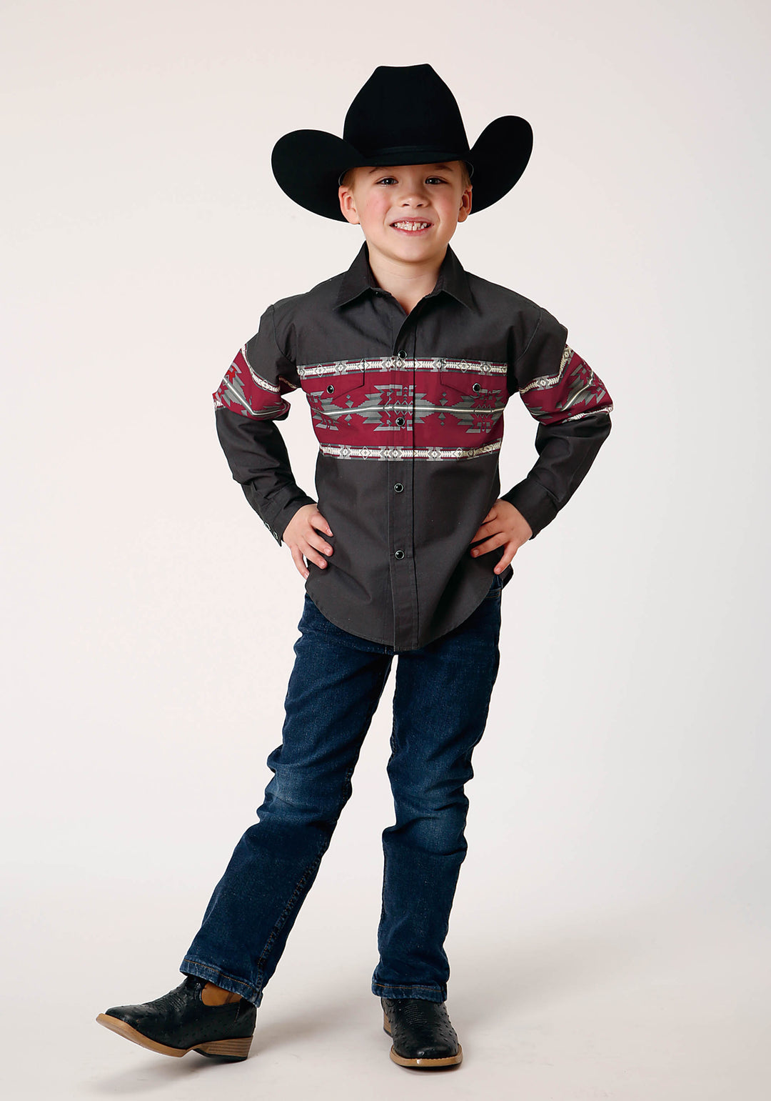 BOYS LONG SLEEVE SNAP AZTEC BORDER WESTERN SHIRT