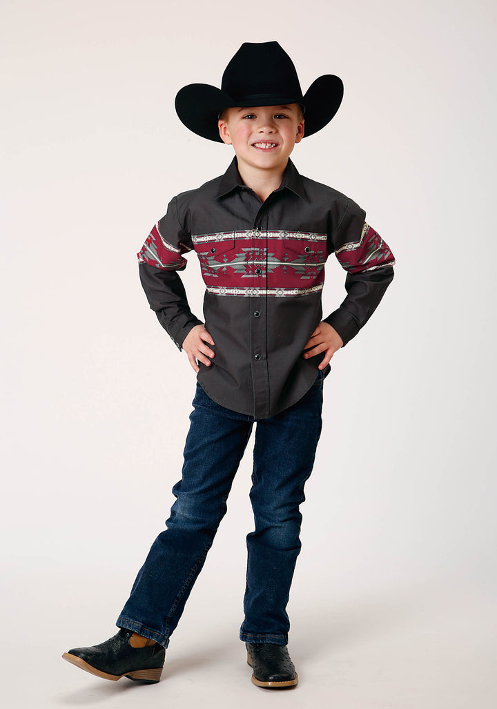 BOYS LONG SLEEVE SNAP AZTEC BORDER WESTERN SHIRT