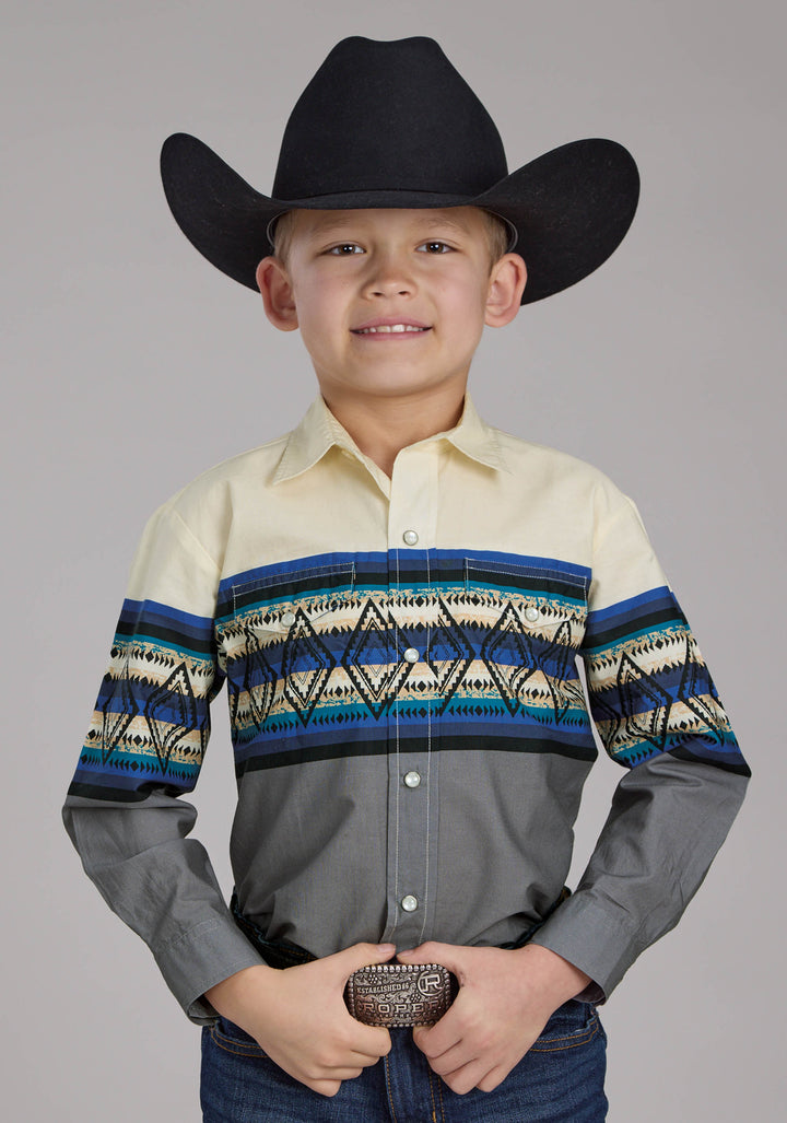 BOYS RETRO DIAMOND BORDER LONG SLEEVE SNAP WESTERN SHIRT