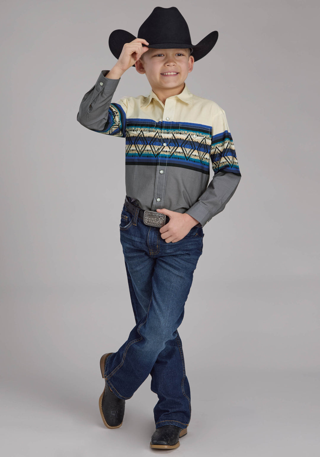 BOYS RETRO DIAMOND BORDER LONG SLEEVE SNAP WESTERN SHIRT