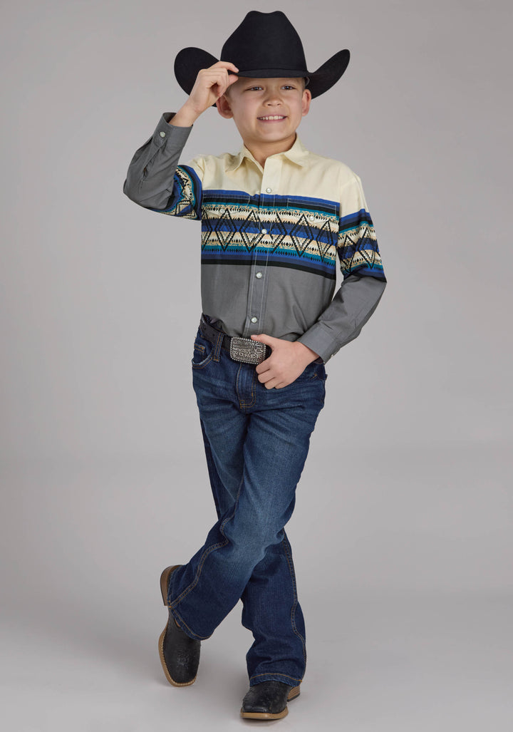 BOYS RETRO DIAMOND BORDER LONG SLEEVE SNAP WESTERN SHIRT