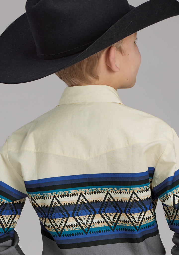 BOYS RETRO DIAMOND BORDER LONG SLEEVE SNAP WESTERN SHIRT
