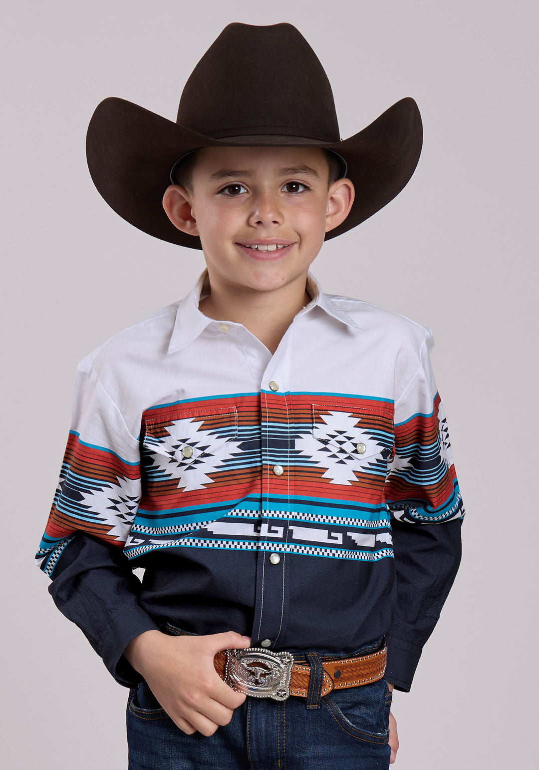 BOYS LONG SLEEVE SNAP HORIZONTAL AZTEC OMBRE BORDER PRINT WESTERN SHIRT