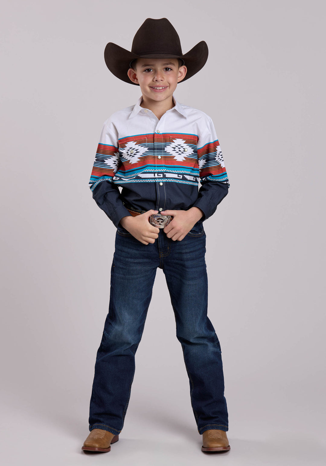 BOYS LONG SLEEVE SNAP HORIZONTAL AZTEC OMBRE BORDER PRINT WESTERN SHIRT
