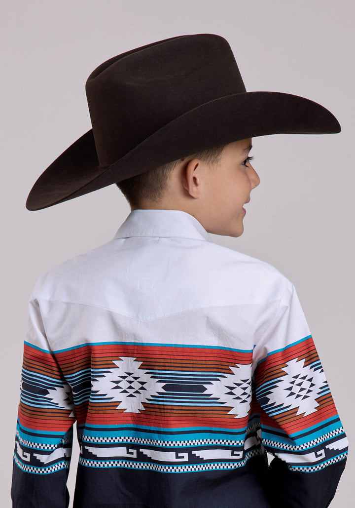 BOYS LONG SLEEVE SNAP HORIZONTAL AZTEC OMBRE BORDER PRINT WESTERN SHIRT
