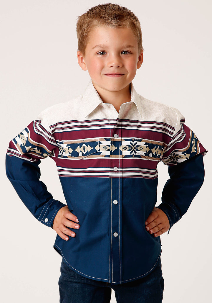 BOYS LONG SLEEVE SNAP BLACK HAWK BORDER WESTERN SHIRT