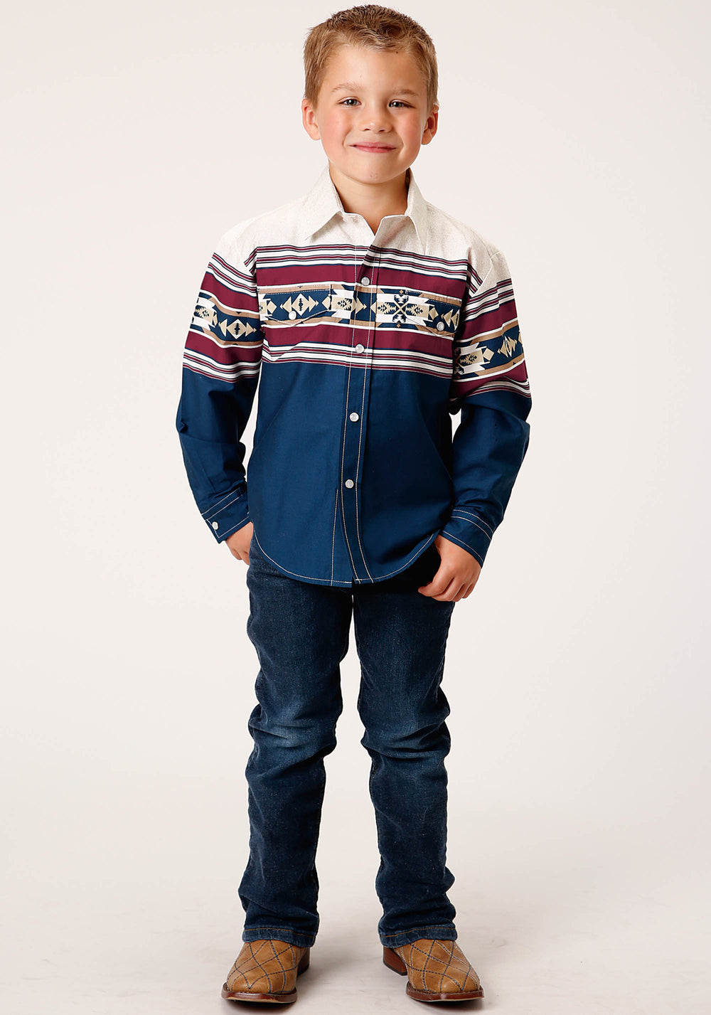 BOYS LONG SLEEVE SNAP BLACK HAWK BORDER WESTERN SHIRT