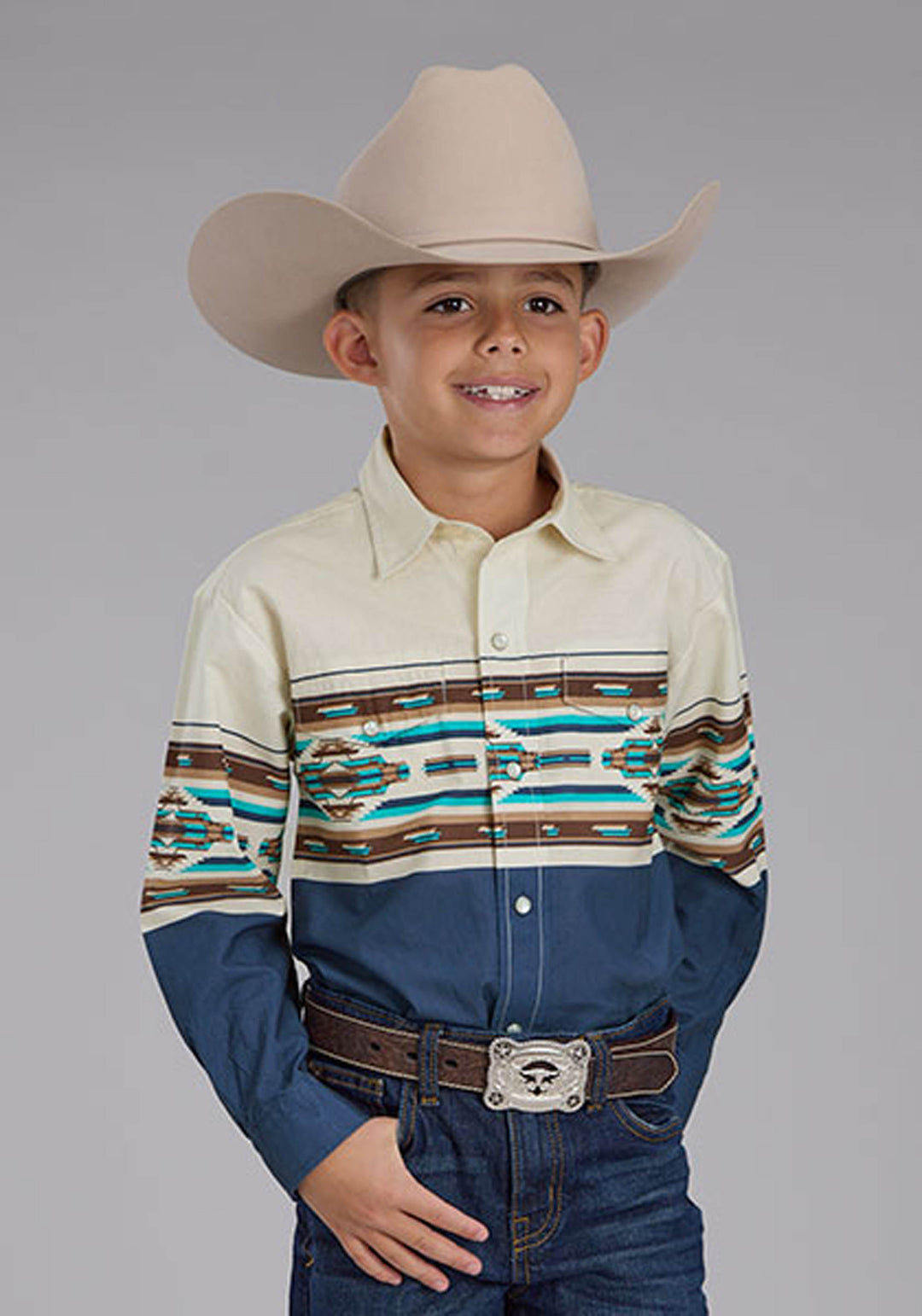 BOYS VINTAGE AZTEC BORDER LONG SLEEVE SNAP WESTERN SHIRT