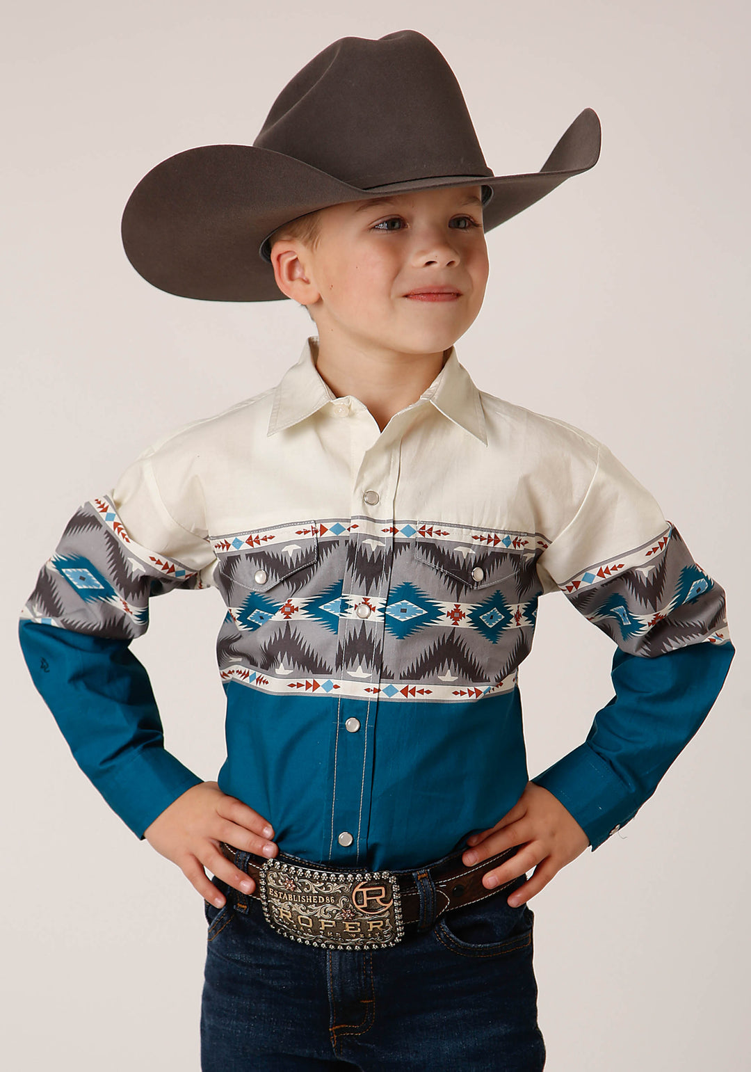 BOYS LONG SLEEVE SNAP SAWTOOTH BORDER WESTERN SHIRT
