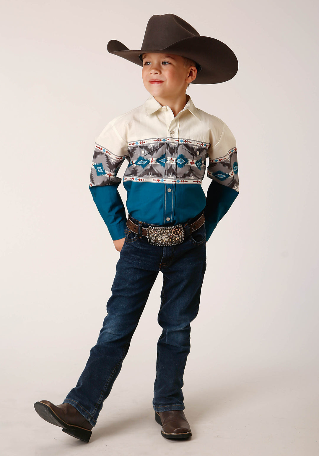 BOYS LONG SLEEVE SNAP SAWTOOTH BORDER WESTERN SHIRT