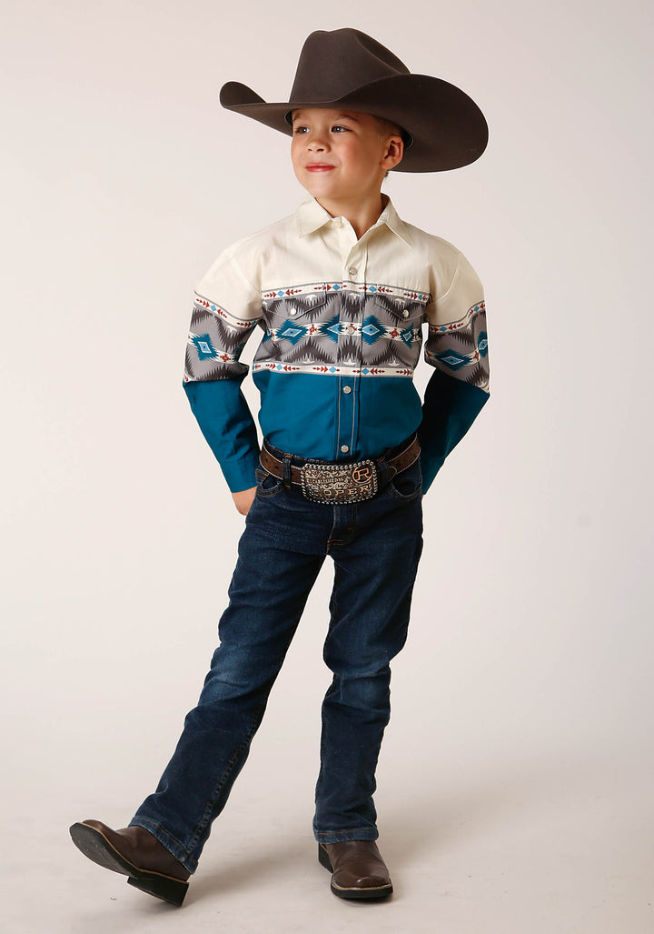 BOYS LONG SLEEVE SNAP SAWTOOTH BORDER WESTERN SHIRT