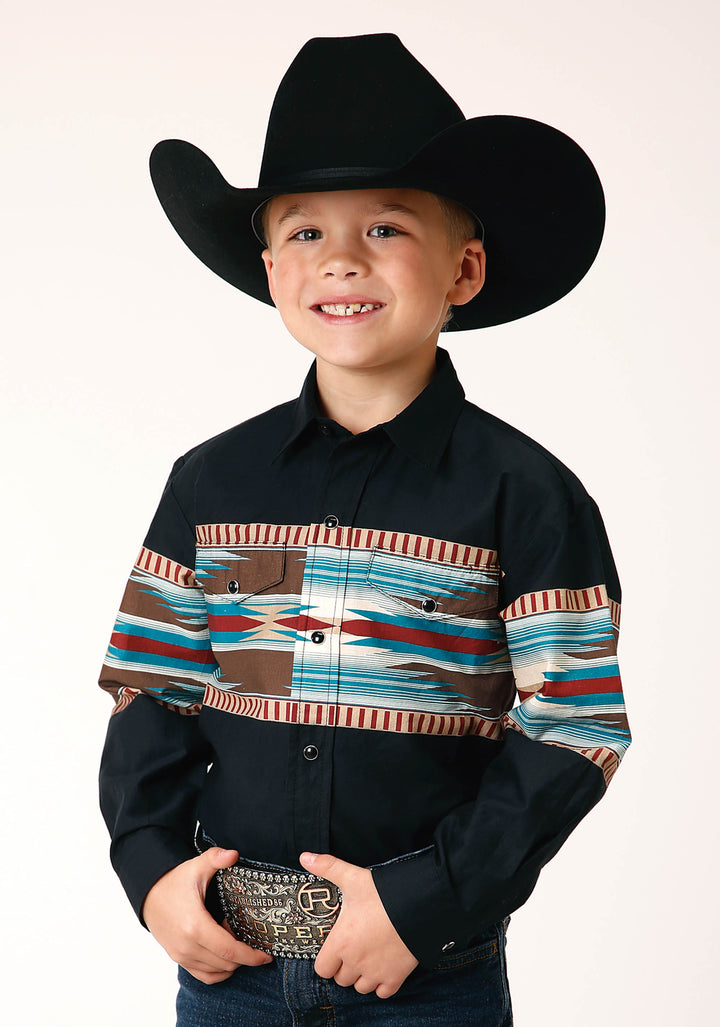 BOYS LONG SLEEVE SNAP BLANKET AZTEC BORDER PRINT WESTERN SHIRT