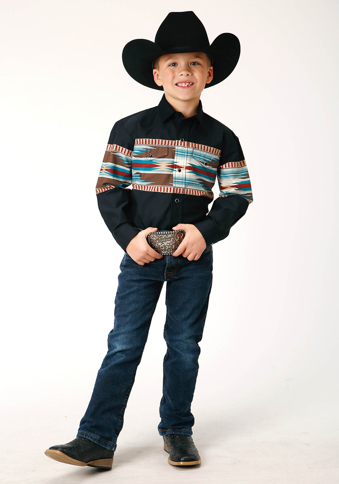 BOYS LONG SLEEVE SNAP BLANKET AZTEC BORDER PRINT WESTERN SHIRT