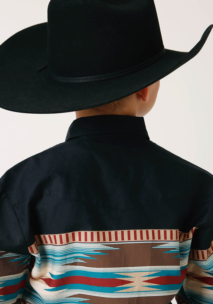 BOYS LONG SLEEVE SNAP BLANKET AZTEC BORDER PRINT WESTERN SHIRT