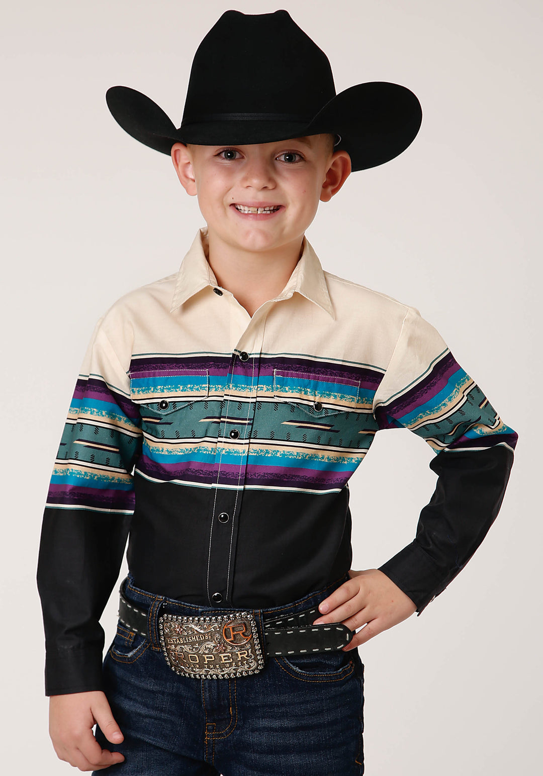 BOYS LONG SLEEVE SNAP GREENLINE SERAPE BORDER WESTERN SHIRT