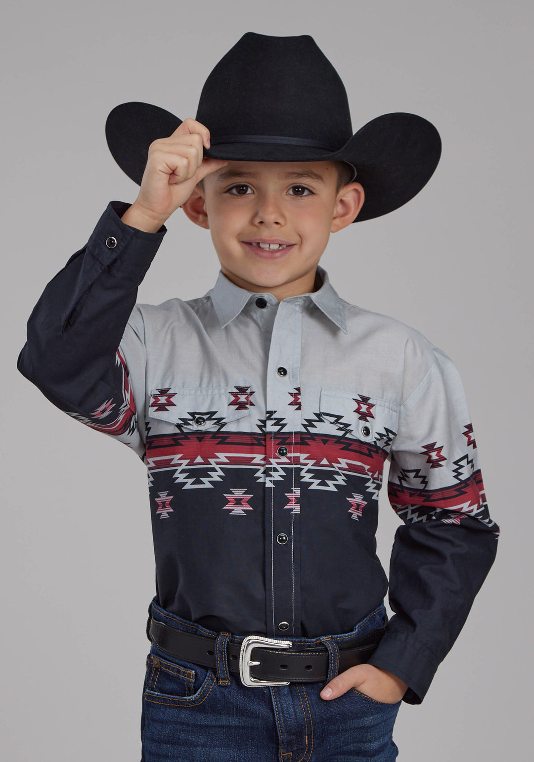 BOYS OMBRE AZTEC BORDER LONG SLEEVE SNAP WESTERN SHIRT