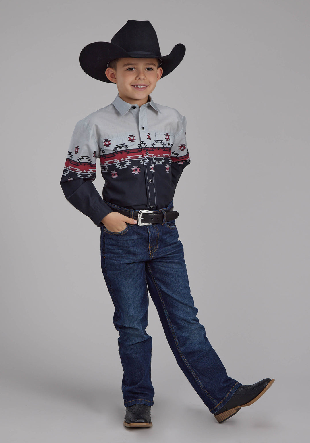 BOYS OMBRE AZTEC BORDER LONG SLEEVE SNAP WESTERN SHIRT