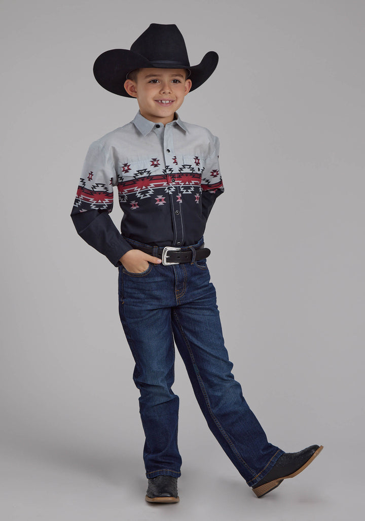 BOYS OMBRE AZTEC BORDER LONG SLEEVE SNAP WESTERN SHIRT