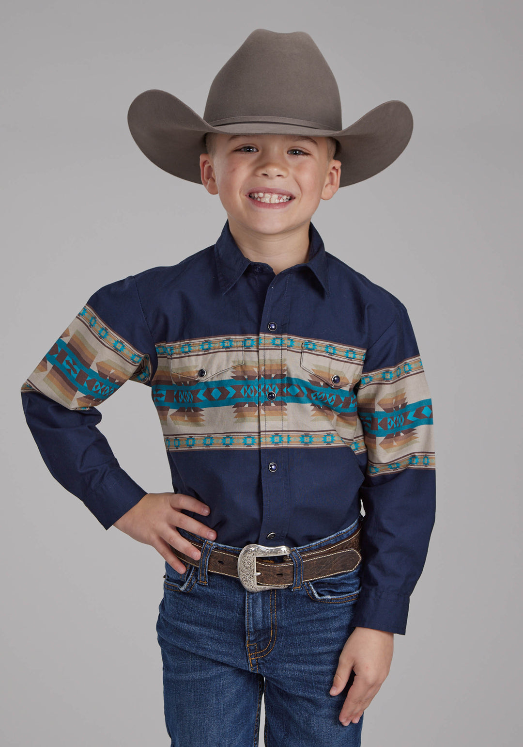 BOYS NAVY AZTEC BORDER LONG SLEEVE SNAP WESTERN SHIRT