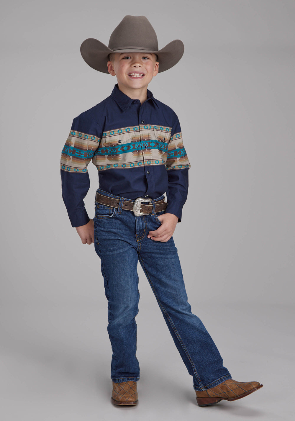 BOYS NAVY AZTEC BORDER LONG SLEEVE SNAP WESTERN SHIRT