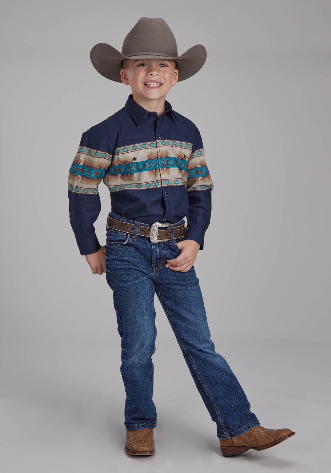 BOYS NAVY AZTEC BORDER LONG SLEEVE SNAP WESTERN SHIRT