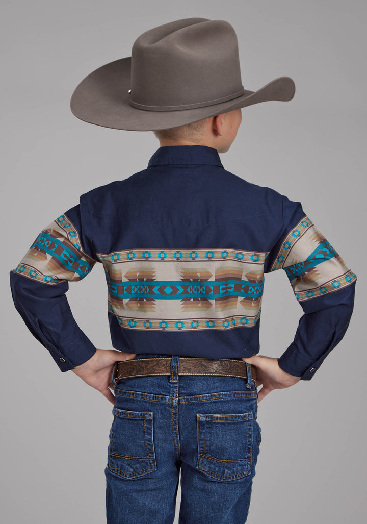 BOYS NAVY AZTEC BORDER LONG SLEEVE SNAP WESTERN SHIRT