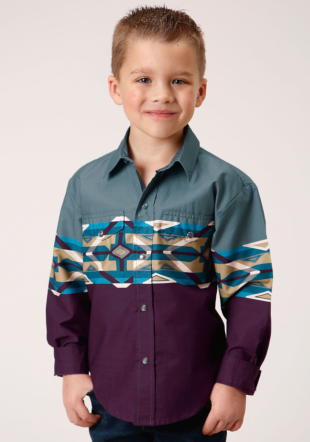 BOYS LONG SLEEVE SNAP TILE AZTEC BORDER PRINT WESTERN SHIRT