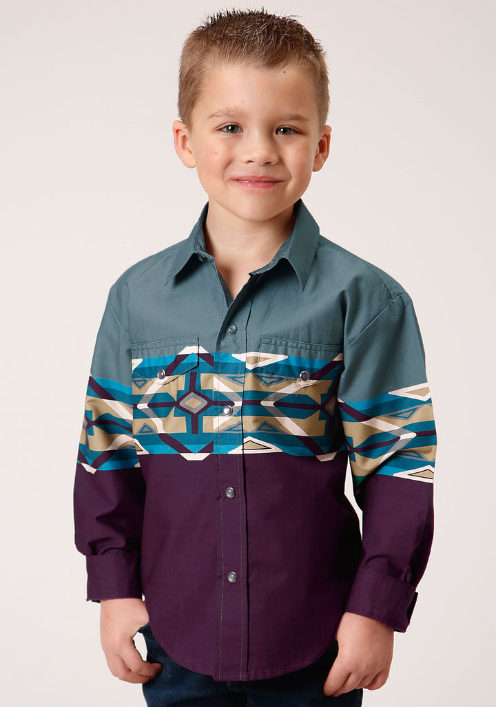 BOYS LONG SLEEVE SNAP TILE AZTEC BORDER PRINT WESTERN SHIRT