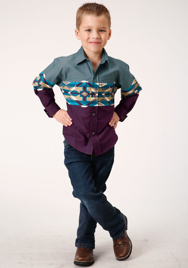 BOYS LONG SLEEVE SNAP TILE AZTEC BORDER PRINT WESTERN SHIRT